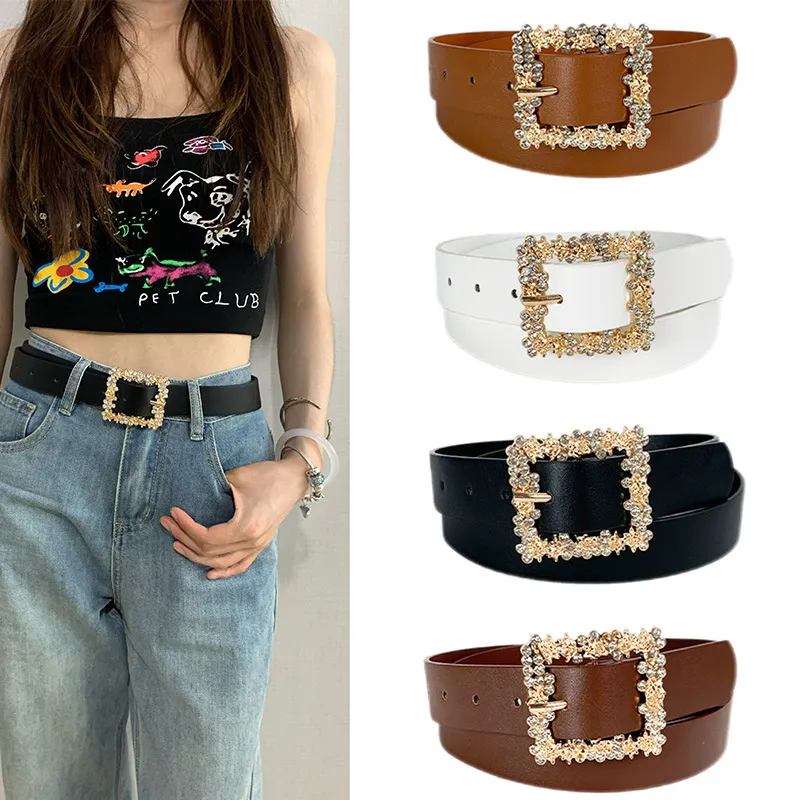 Women Fashion Rhinestone Square Buckle PU Leather Belt