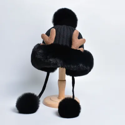 Autumn Winter Fashion Plush Antler Knitted Hat Accessories Hats