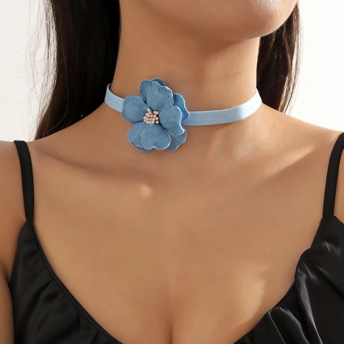 Vintage Blue Denim Floral Neckchain Simple Cloth Necklace
