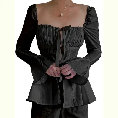 Women Summer Slim Pleated Corset Flared Horn Sleeve Blouse