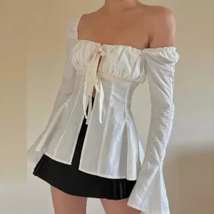 Women Summer Slim Pleated Corset Flared Horn Sleeve Blouse