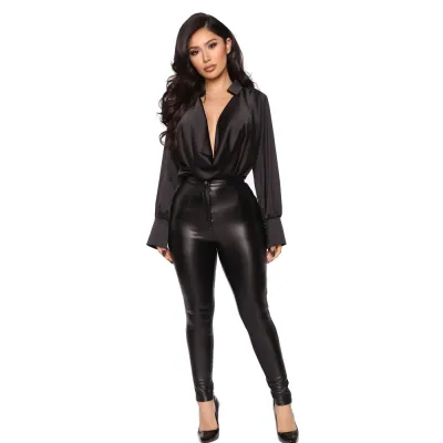 Women Fashion Sexy Deep V-Neck Satin Long Sleeve Blouse
