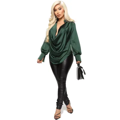 Women Fashion Sexy Deep V-Neck Satin Long Sleeve Blouse