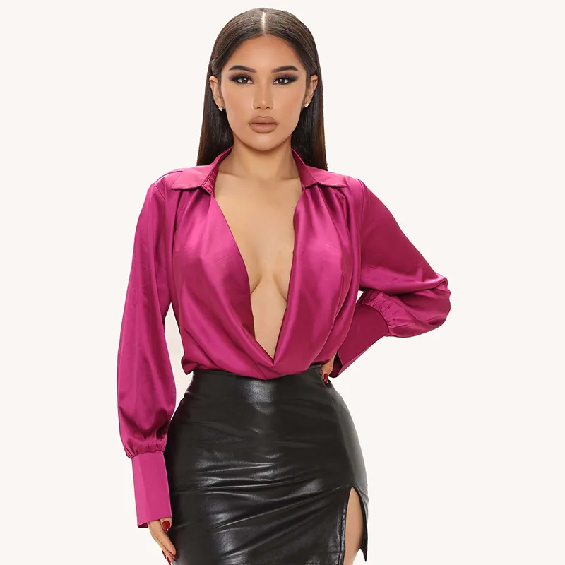 Women Fashion Sexy Deep V-Neck Satin Long Sleeve Blouse