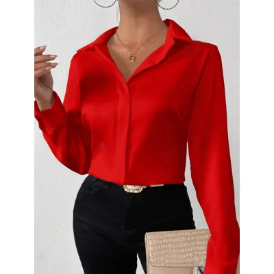Women Fashion Simple Satin Imitation Silk Long Sleeve Blouse