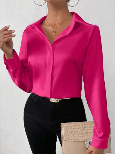Women Fashion Simple Satin Imitation Silk Long Sleeve Blouse