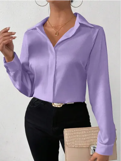 Women Fashion Simple Satin Imitation Silk Long Sleeve Blouse