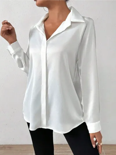 Women Fashion Simple Satin Imitation Silk Long Sleeve Blouse