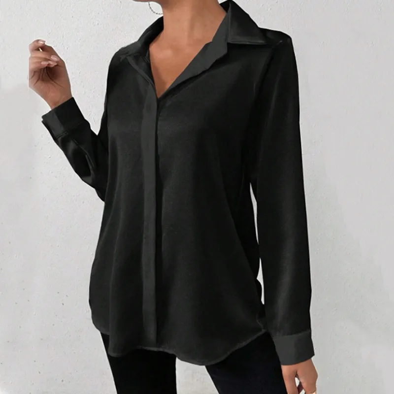 Women Fashion Simple Satin Imitation Silk Long Sleeve Blouse