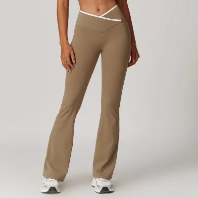 Women Fashion Crossover High Waist Wide Leg Horn Yoga Trousers