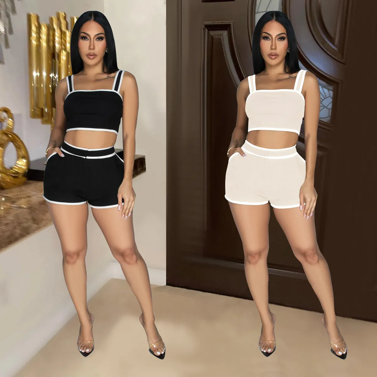 Women Contrast Color Sling Crop Top Shorts Two-Piece Set