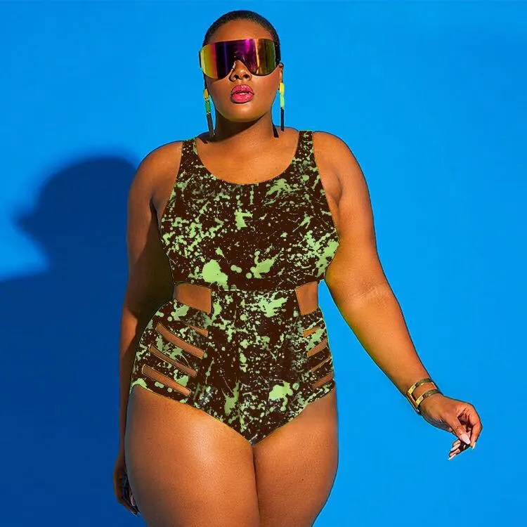 Women Plus Size Cut Out One-Piece Swimwear Polyester Solid Color