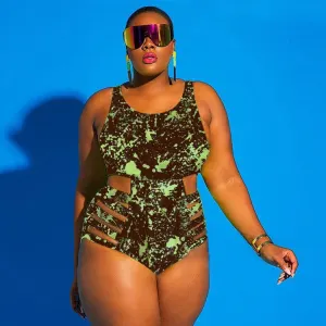 Women Plus Size Cut Out One-Piece Swimwear Polyester Solid Color