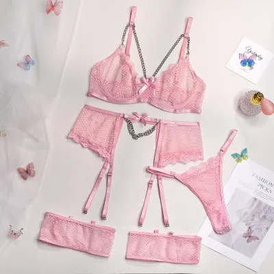 Women Sexy Contrast Stitching Hollow Mesh Lingerie Bra Set