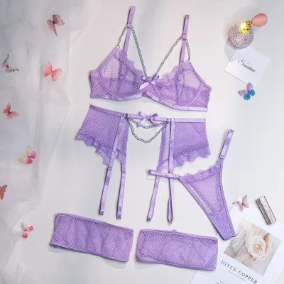Women Sexy Contrast Stitching Hollow Mesh Lingerie Bra Set