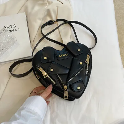 Creative Design Heart PU Shoulder Bag Street Trend Zipper Love Bag 23*20*8cm