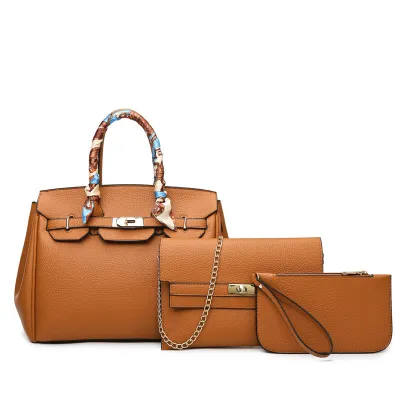 Women Retro Litchi Handbag Sets PU Child-Mother Bag with Latch Closure