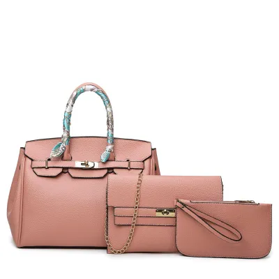 Women Retro Litchi Handbag Sets PU Child-Mother Bag with Latch Closure