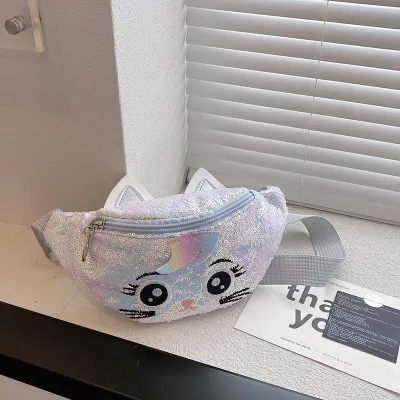 Kids Casual Cute Cartoon Kitten Sequins PU Waist Chest Bag
