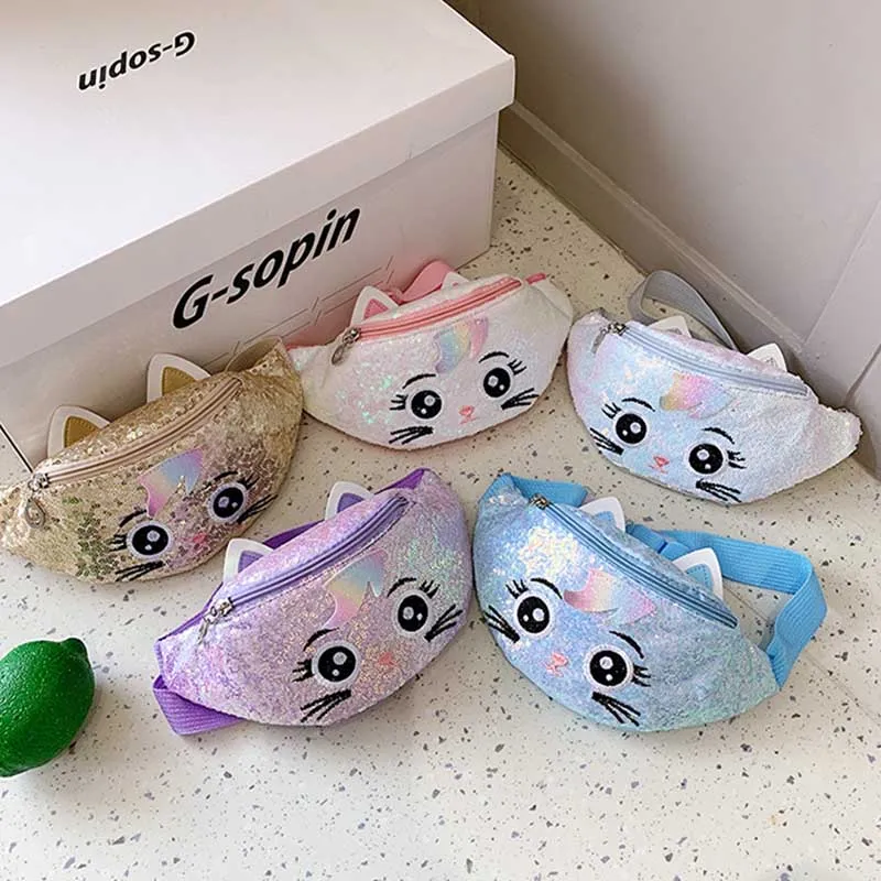 Kids Casual Cute Cartoon Kitten Sequins PU Waist Chest Bag