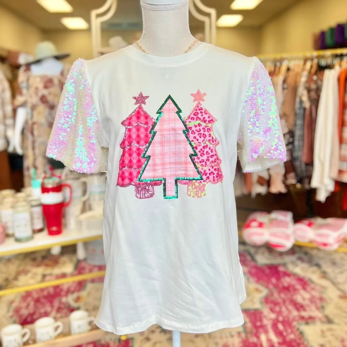 Women Fashion Christmas Tree Printed Sequin Short-Sleeved T-Shirt