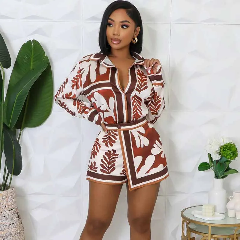Women Two-Piece Long-Sleeved Casual Summer Leaf Printed Shirt Shorts Set