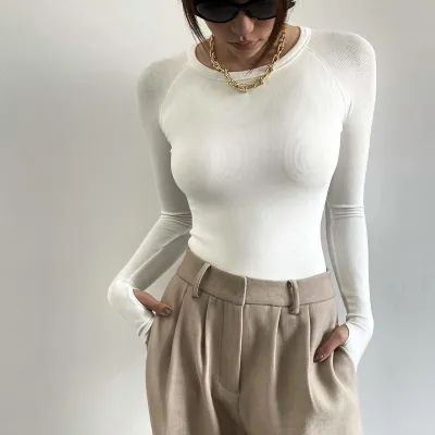 Women's Long Sleeve Round Neck Bodysuit - Slim Fit Solid Color Pullover