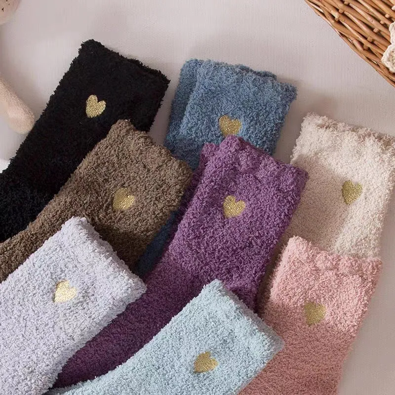 Women Fashion Coral Fleece Love Heart Embroidered Socks