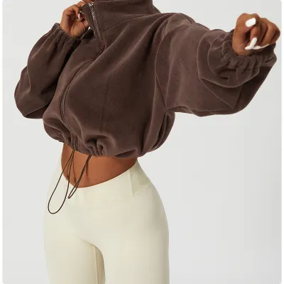 Autumn Winter Women Yoga Fleece-Lined Loose Fit Zipper Collar Sports Sweatshirt