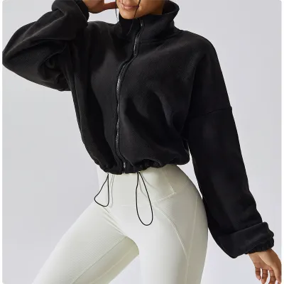 Autumn Winter Women Yoga Fleece-Lined Loose Fit Zipper Collar Sports Sweatshirt