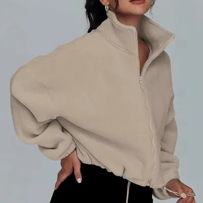 Autumn Winter Women Yoga Fleece-Lined Loose Fit Zipper Collar Sports Sweatshirt