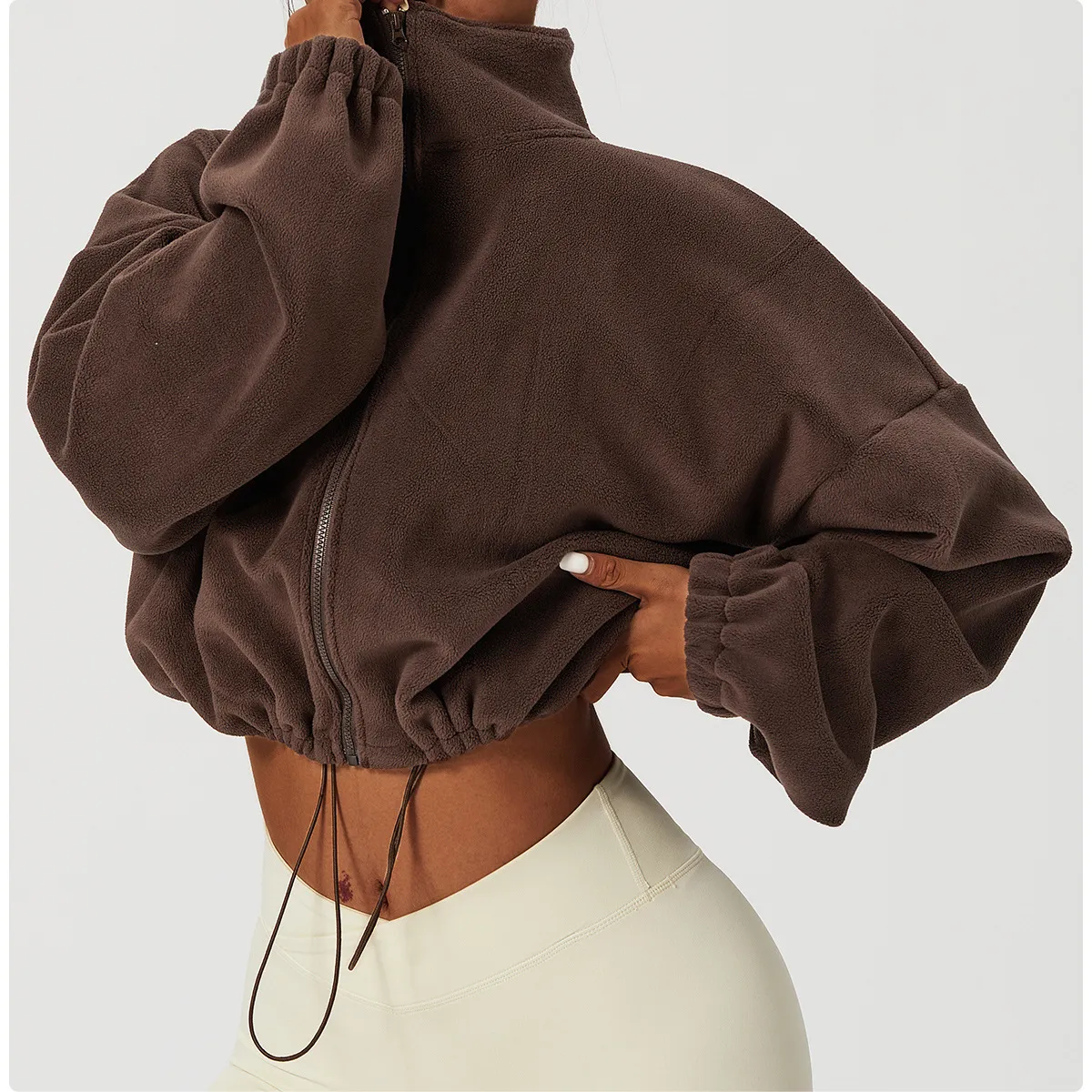 Autumn Winter Women Yoga Fleece-Lined Loose Fit Zipper Collar Sports Sweatshirt