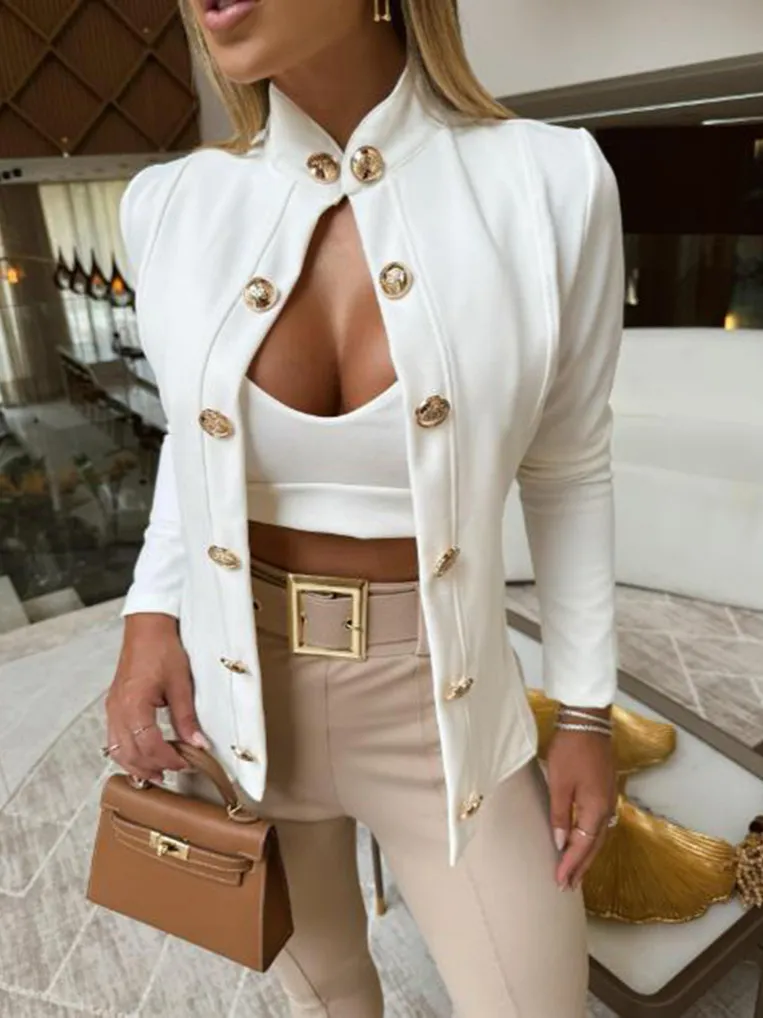 Women Slim Fit Double Breasted Stand Collar Long Sleeve Commuter Wind Jacket