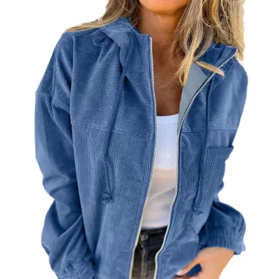 Women's Hooded Corduroy Jacket Casual Loose Fit Solid Color Windbreaker