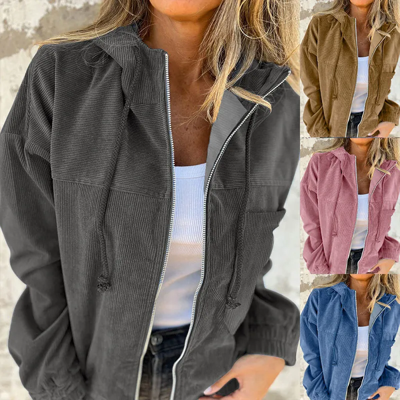 Women's Hooded Corduroy Jacket Casual Loose Fit Solid Color Windbreaker