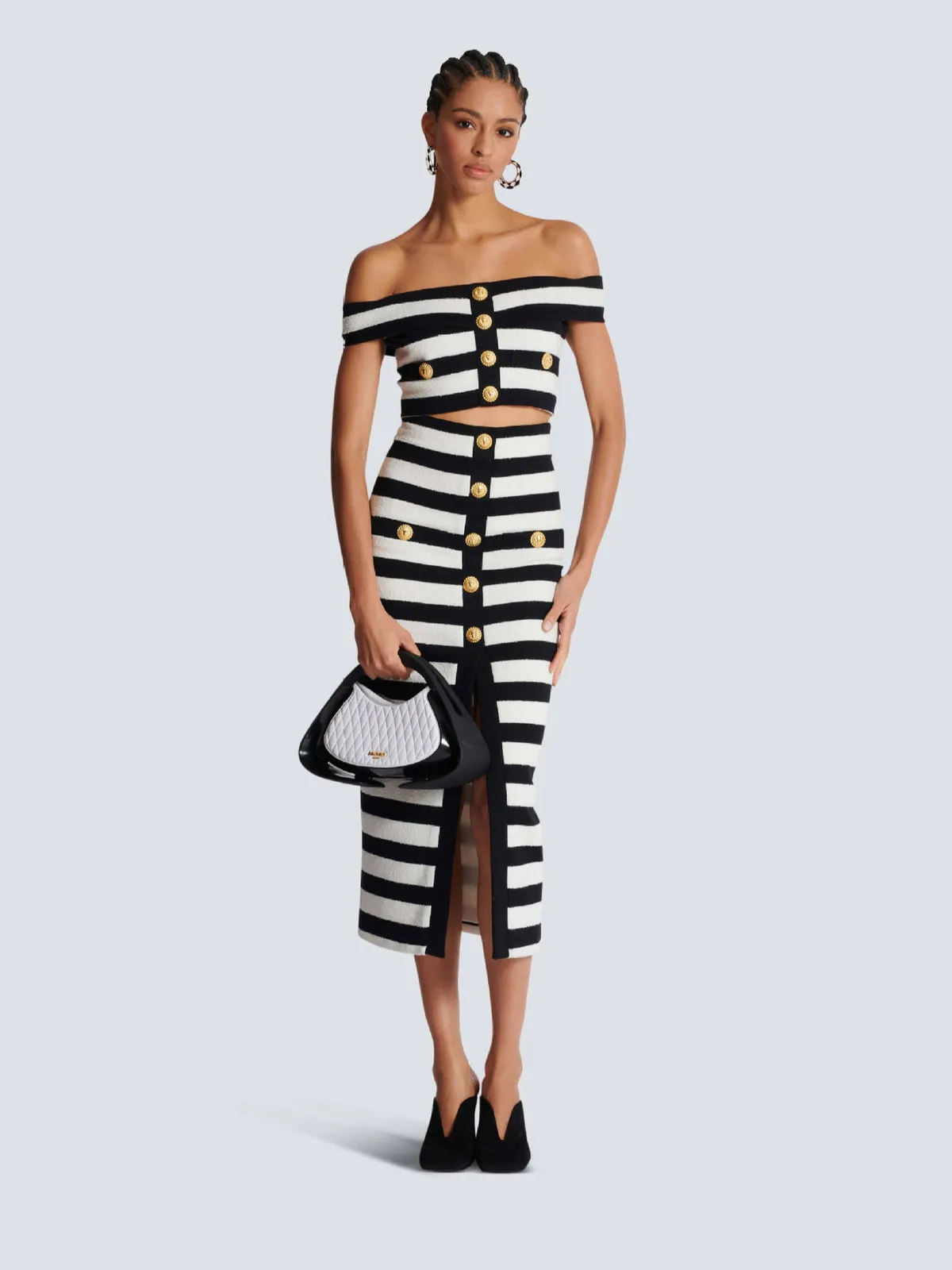 Women Fashion Black White Zebra Bandage Shoulder Top and Long Skirt Two-Piece Set
