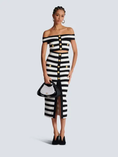 Women Fashion Black White Zebra Bandage Shoulder Top and Long Skirt Two-Piece Set