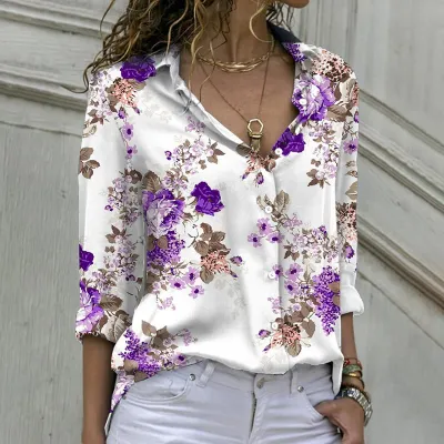 Summer Women Fashion Flower Printed Long Sleeve Loose Blouse