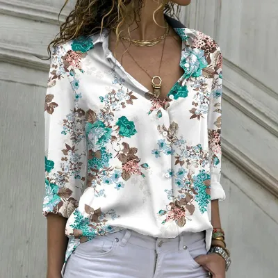 Summer Women Fashion Flower Printed Long Sleeve Loose Blouse