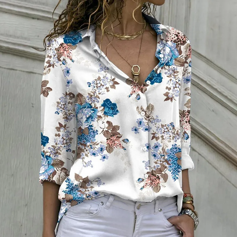 Summer Women Fashion Flower Printed Long Sleeve Loose Blouse