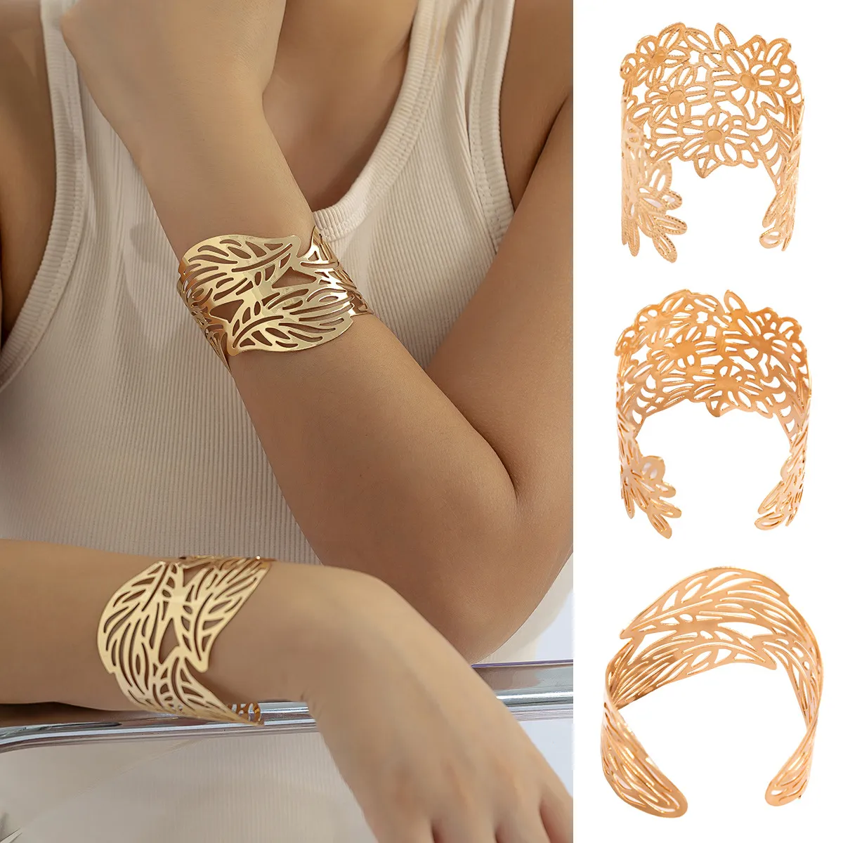 Women Fashion Exaggerated Hollow Floral Leaf Opening Bracelet