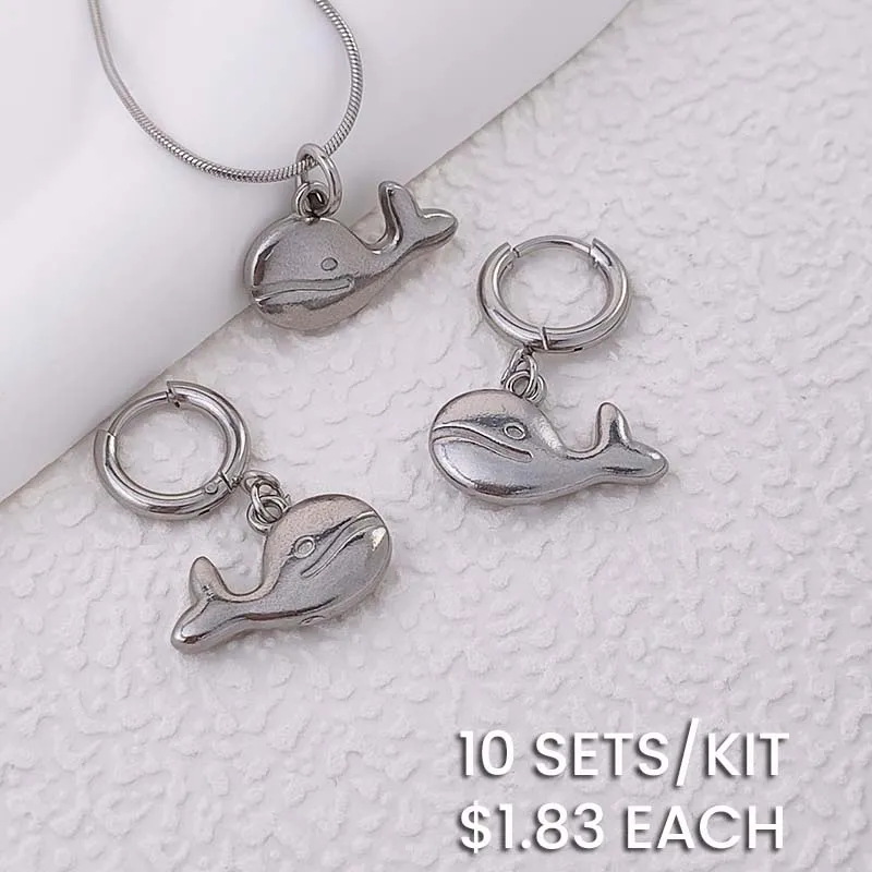 Cute Whale Pendant Stainless Steel Snake Chain Necklace and Clip Earrings Jewelry Set
