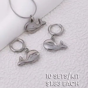 Cute Whale Pendant Stainless Steel Snake Chain Necklace and Clip Earrings Jewelry Set