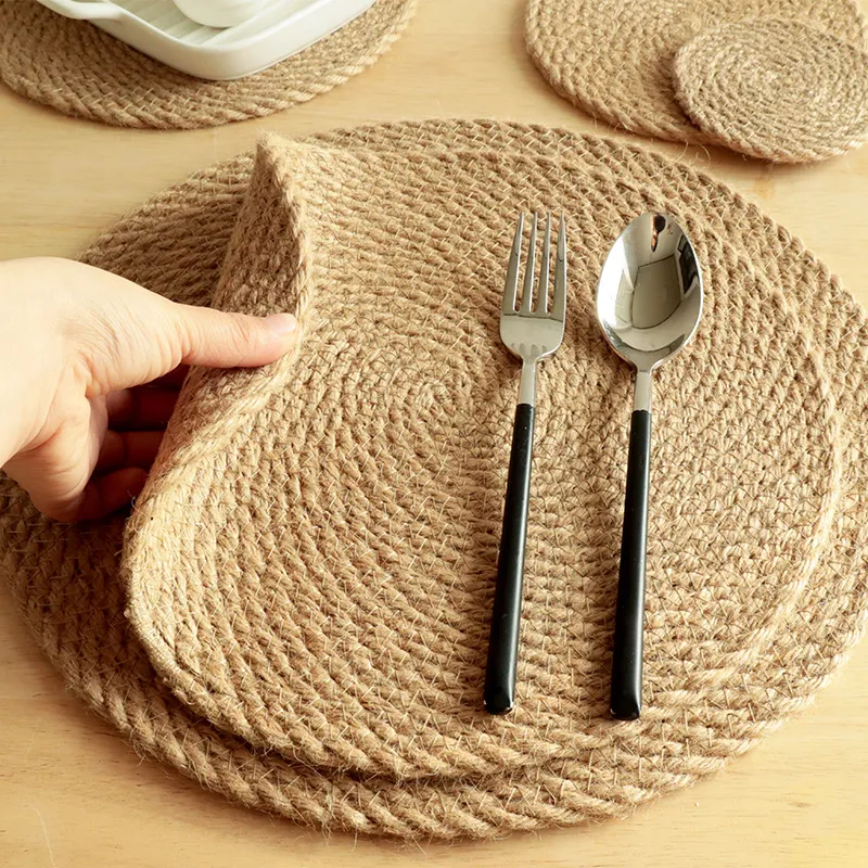 Linen Insulation Dining Table Mat Round Straw Coaster Modern Simplicity for Restaurant