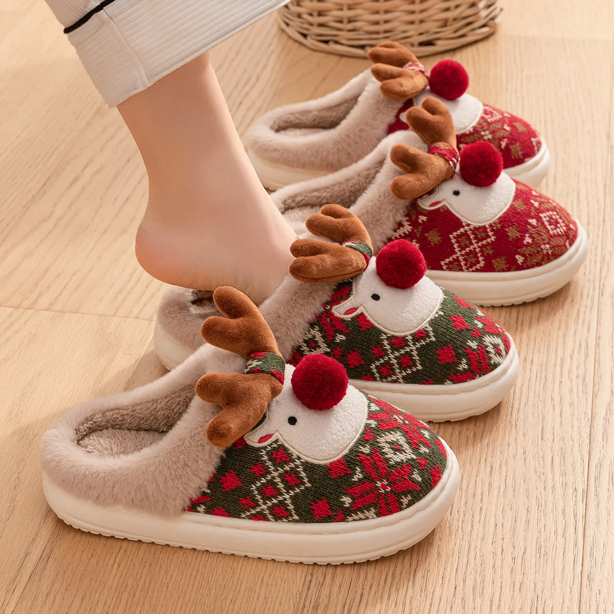 Cute Christmas Elk Cotton Plush House Slippers for Women