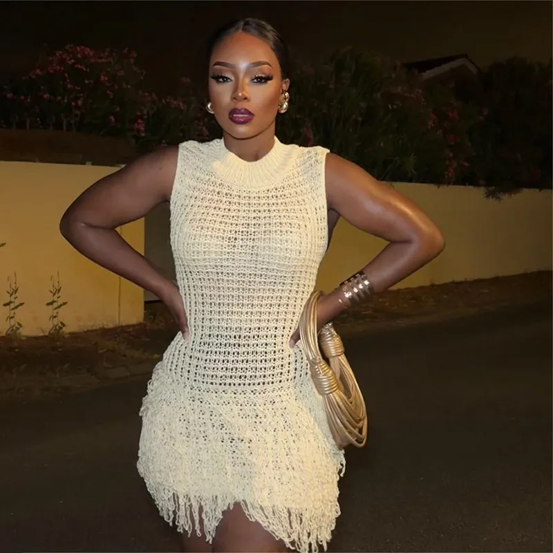 Summer Women Fashion Sexy Sleeveless Tassel Hollow Slim-Fit Elegant Knitted Dress