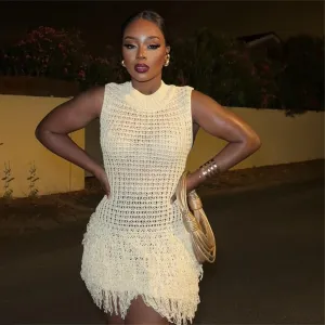 Summer Women Fashion Sexy Sleeveless Tassel Hollow Slim-Fit Elegant Knitted Dress
