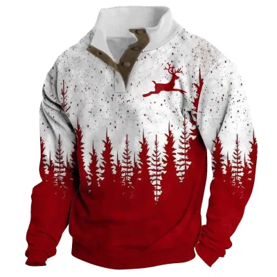 Digital Printing Christmas Fawn Collar Button Men Sweatshirt