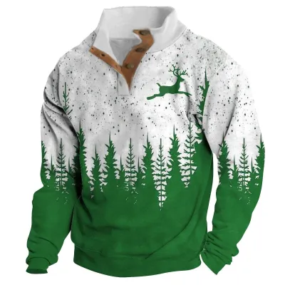 Digital Printing Christmas Fawn Collar Button Men Sweatshirt