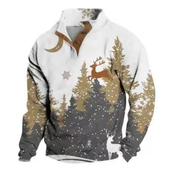 Digital Printing Christmas Fawn Collar Button Men Sweatshirt